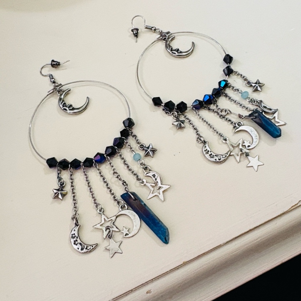 Celestial Hoop Earrings with Dangling Moon, Star and Blue Faux Crystal Charms